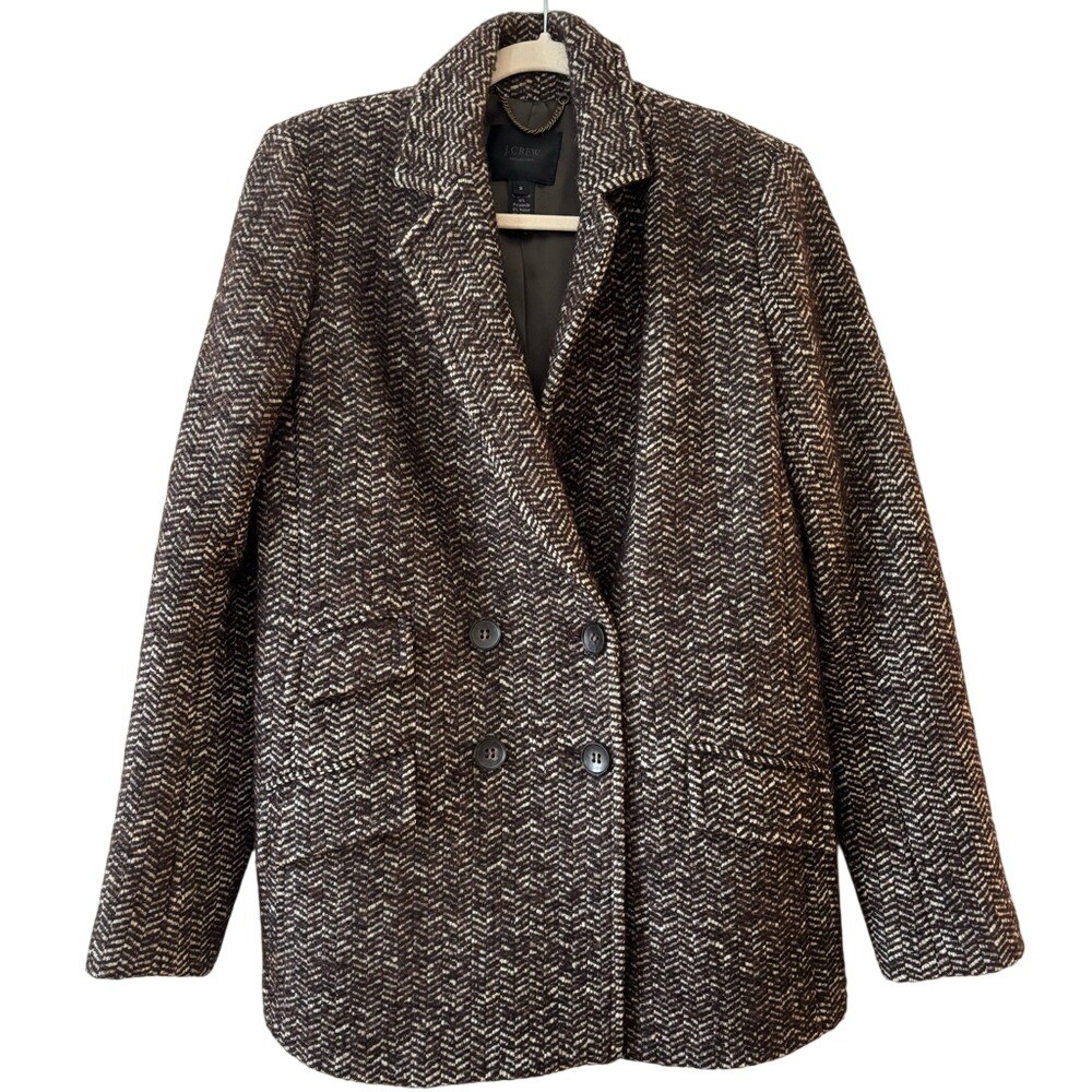 J. Crew Collection Double Breasted Dark Brown‎ Herringbone Wool Coat Women's 2